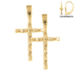 Sterling Silver 34mm Bamboo Cross Earrings (White or Yellow Gold Plated)