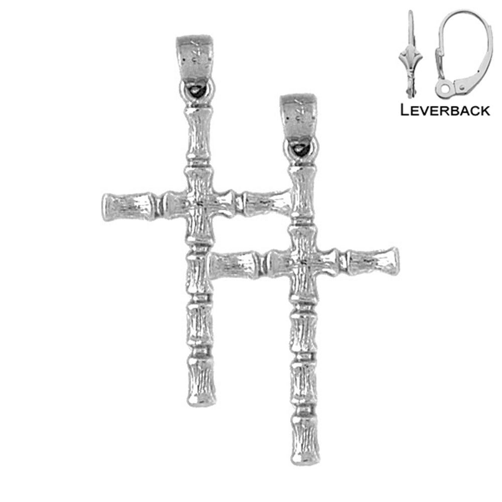 Sterling Silver 34mm Bamboo Cross Earrings (White or Yellow Gold Plated)