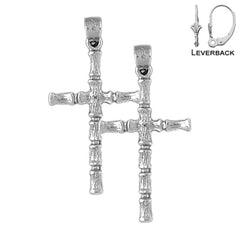 Sterling Silver 34mm Bamboo Cross Earrings (White or Yellow Gold Plated)