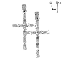 Sterling Silver 34mm Bamboo Cross Earrings (White or Yellow Gold Plated)