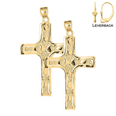 Sterling Silver 61mm Coticed Nugget Cross Earrings (White or Yellow Gold Plated)