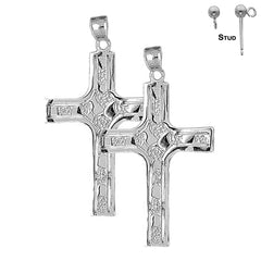 Sterling Silver 61mm Coticed Nugget Cross Earrings (White or Yellow Gold Plated)