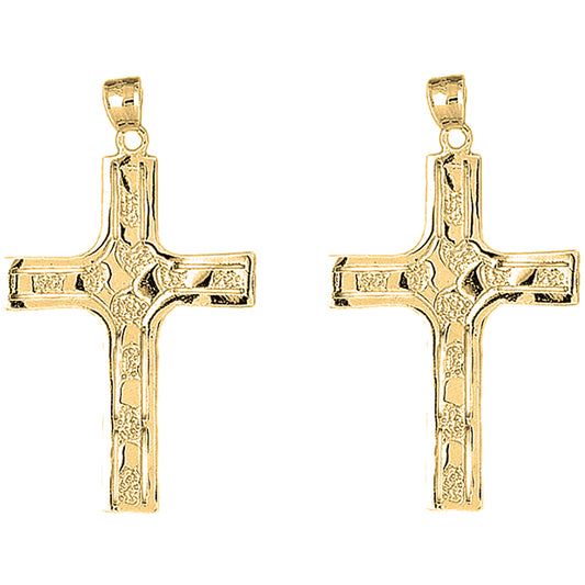 Yellow Gold-plated Silver 61mm Coticed Nugget Cross Earrings