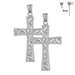 Sterling Silver 53mm Nugget Cross Earrings (White or Yellow Gold Plated)