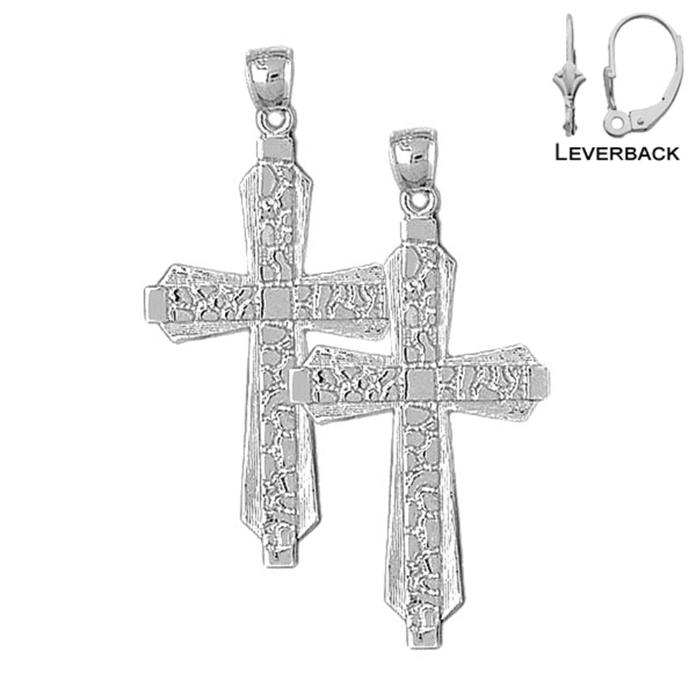 Sterling Silver 49mm Latin Nugget Cross Earrings (White or Yellow Gold Plated)