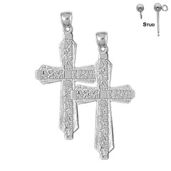 Pendientes de cruz de pepita latina de plata de ley de 49 mm (chapados en oro blanco o amarillo)