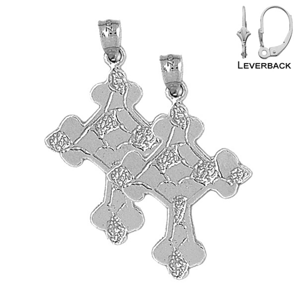 Sterling Silver 37mm Budded Nugget Cross Earrings (White or Yellow Gold Plated)