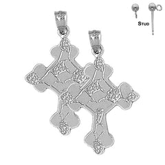 Sterling Silver 37mm Budded Nugget Cross Earrings (White or Yellow Gold Plated)