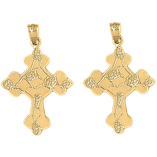 Yellow Gold-plated Silver 37mm Budded Nugget Cross Earrings