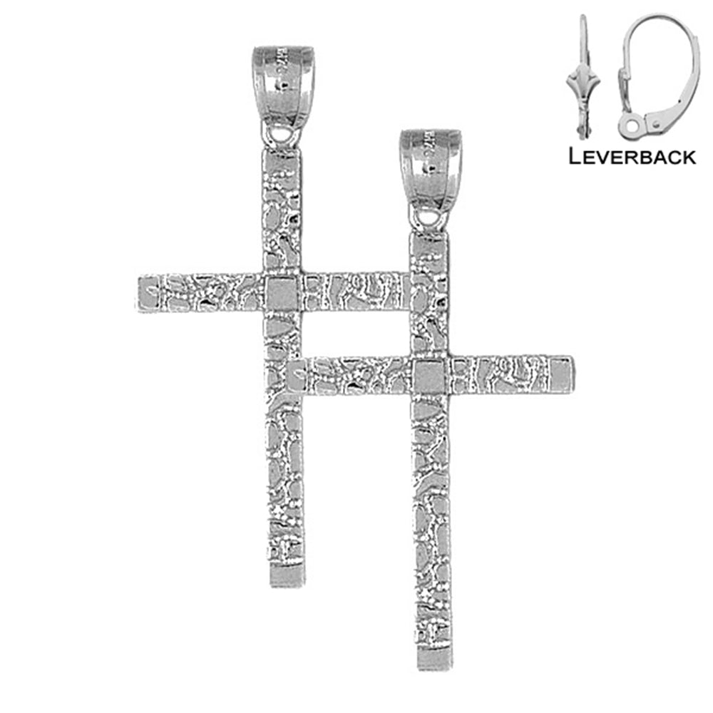 Sterling Silver 45mm Latin Nugget Cross Earrings (White or Yellow Gold Plated)