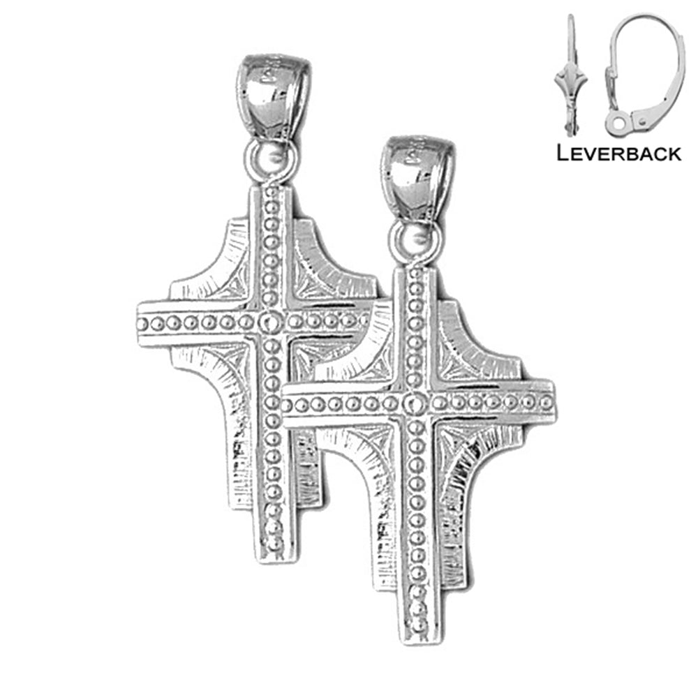 Sterling Silver 37mm Latin Cross Earrings (White or Yellow Gold Plated)