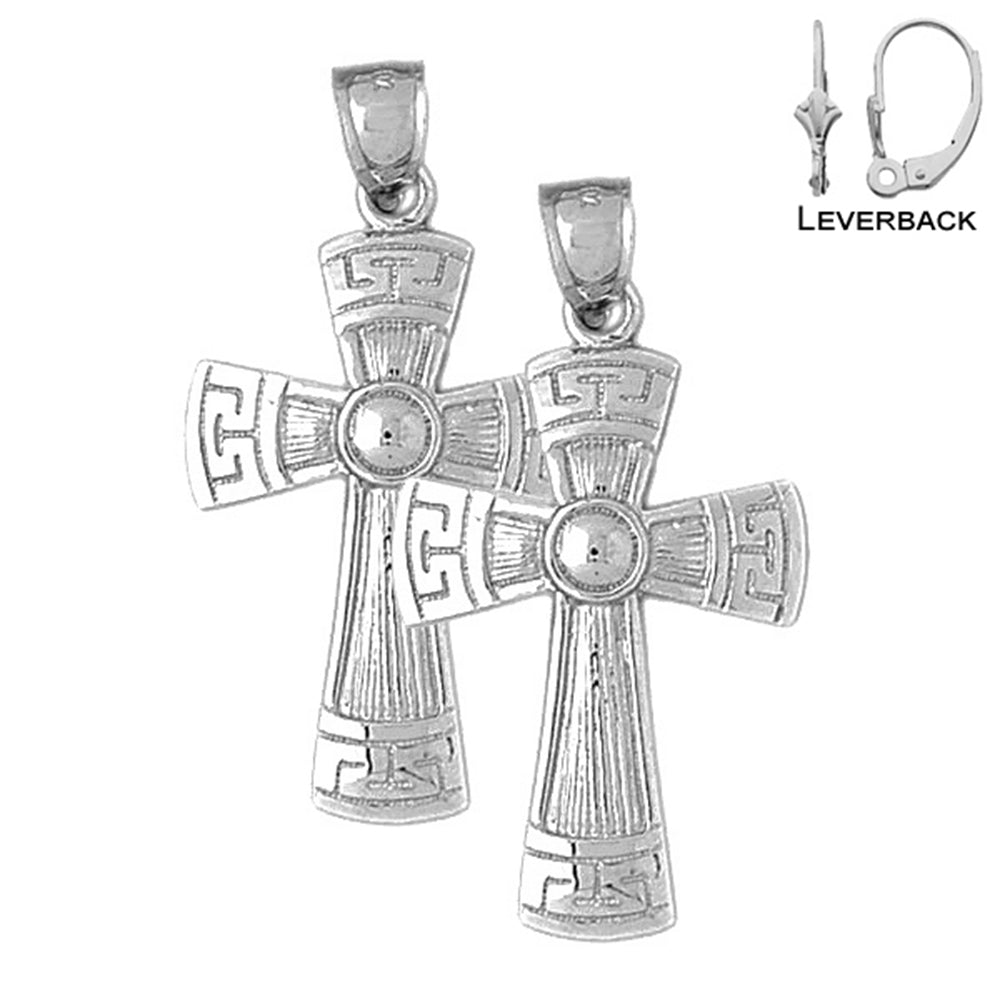Sterling Silver 42mm Greek Cross Earrings (White or Yellow Gold Plated)