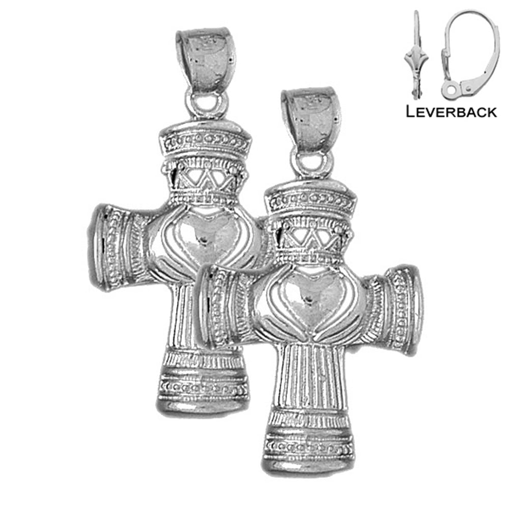 Sterling Silver 40mm Claddagh Cross Earrings (White or Yellow Gold Plated)