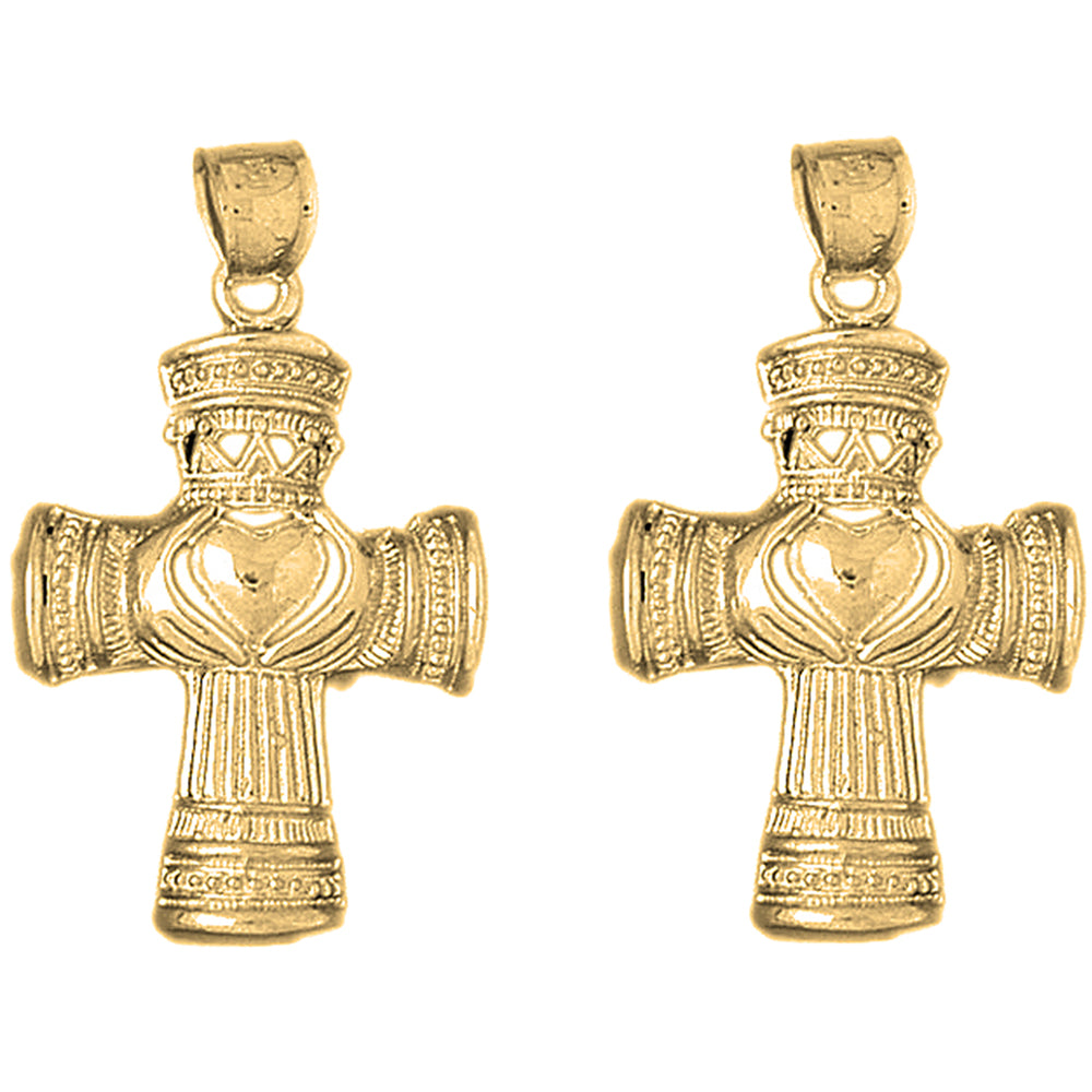 Yellow Gold-plated Silver 40mm Claddagh Cross Earrings