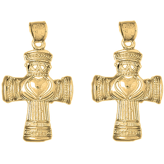 Yellow Gold-plated Silver 40mm Claddagh Cross Earrings