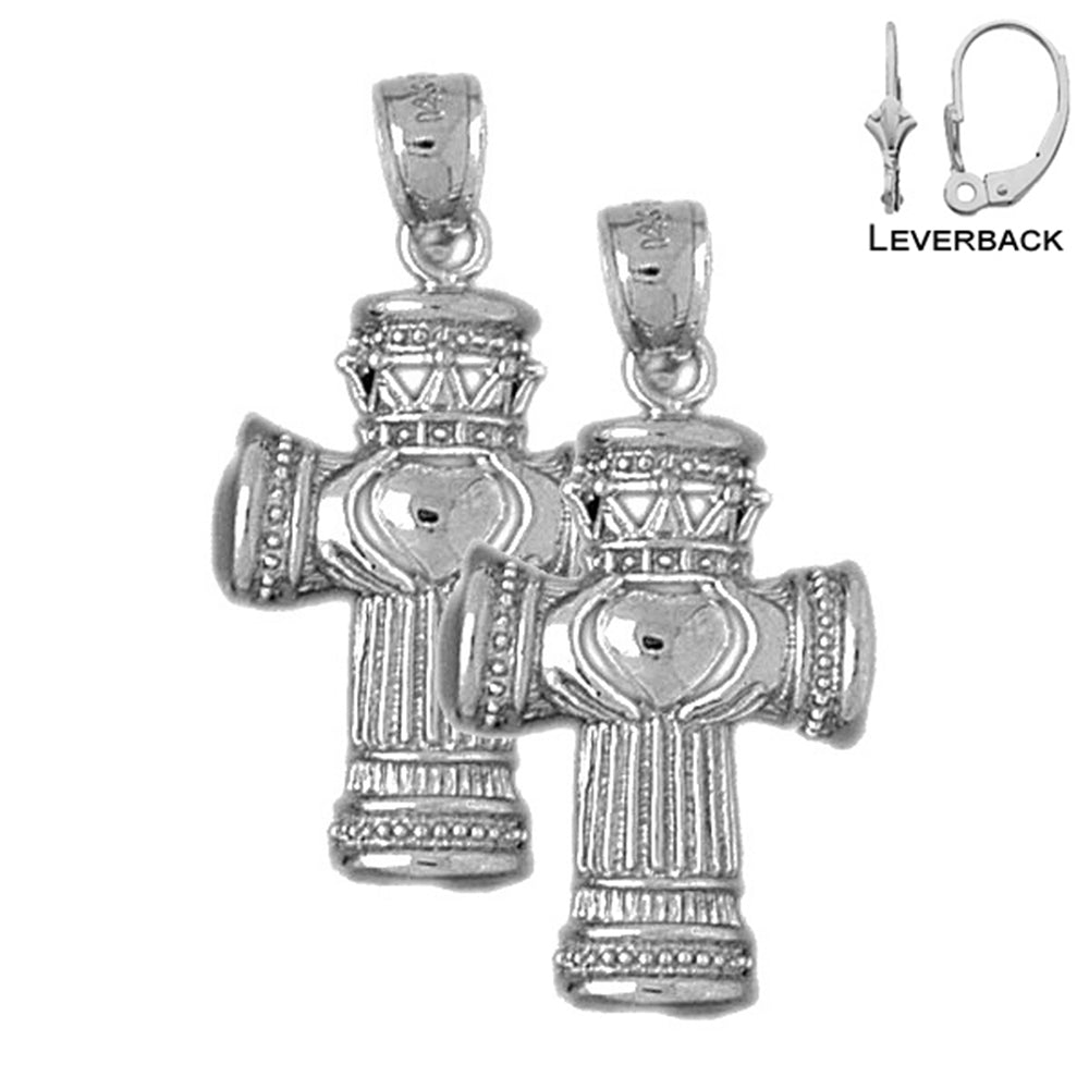 Sterling Silver 33mm Claddagh Cross Earrings (White or Yellow Gold Plated)