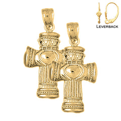 Pendientes de plata de ley con cruz de Claddagh de 33 mm (chapados en oro blanco o amarillo)