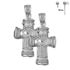 Sterling Silver 33mm Claddagh Cross Earrings (White or Yellow Gold Plated)