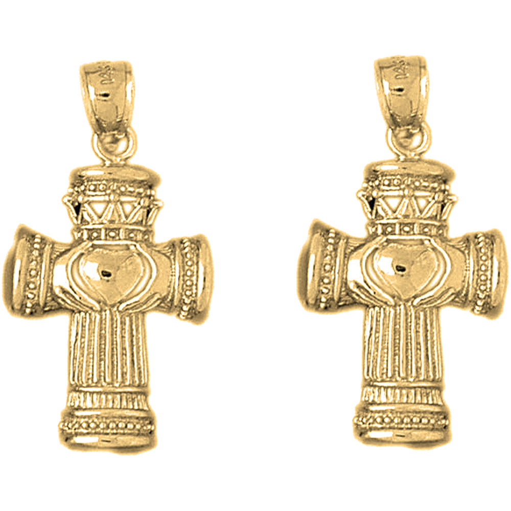 Yellow Gold-plated Silver 33mm Claddagh Cross Earrings