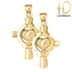 Pendientes de plata de ley con cruz de corazón de 37 mm (chapados en oro blanco o amarillo)