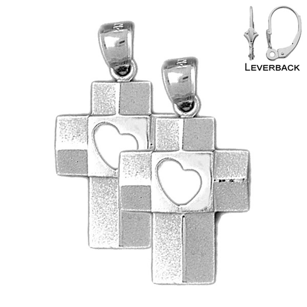 Pendientes de plata de ley con cruz de corazón de 31 mm (chapados en oro blanco o amarillo)