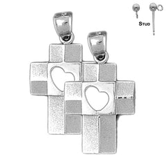 Pendientes de plata de ley con cruz de corazón de 31 mm (chapados en oro blanco o amarillo)