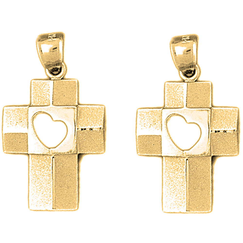 Yellow Gold-plated Silver 31mm Heart Cross Earrings