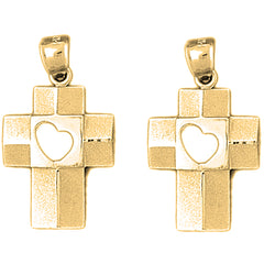 Yellow Gold-plated Silver 31mm Heart Cross Earrings