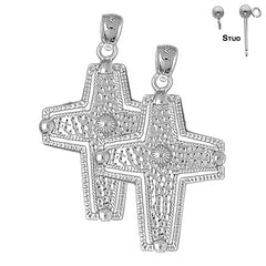 Sterling Silver 43mm Coticed Cross Earrings (White or Yellow Gold Plated)