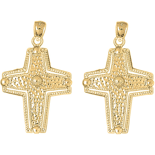 Yellow Gold-plated Silver 43mm Coticed Cross Earrings