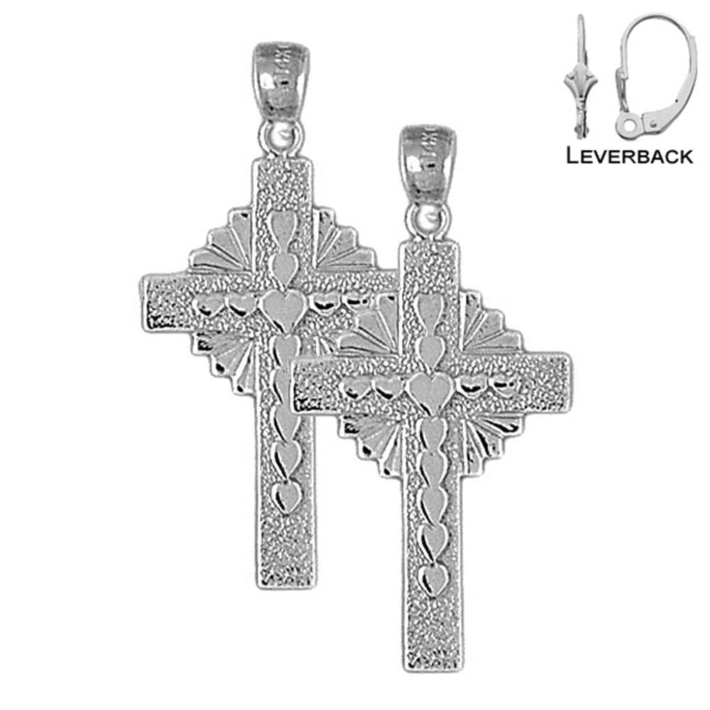 Sterling Silver 37mm Hearts & Glory Cross Earrings (White or Yellow Gold Plated)