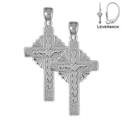 Sterling Silver 37mm Hearts & Glory Cross Earrings (White or Yellow Gold Plated)