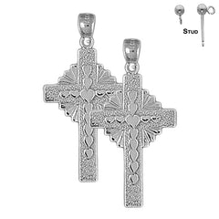 Sterling Silver 37mm Hearts & Glory Cross Earrings (White or Yellow Gold Plated)