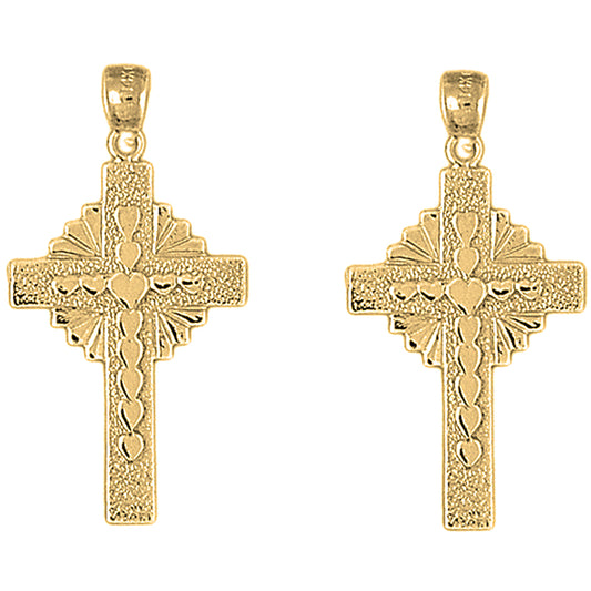 Yellow Gold-plated Silver 37mm Hearts & Glory Cross Earrings