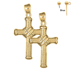 Sterling Silver 39mm Roped Cross Earrings (White or Yellow Gold Plated)