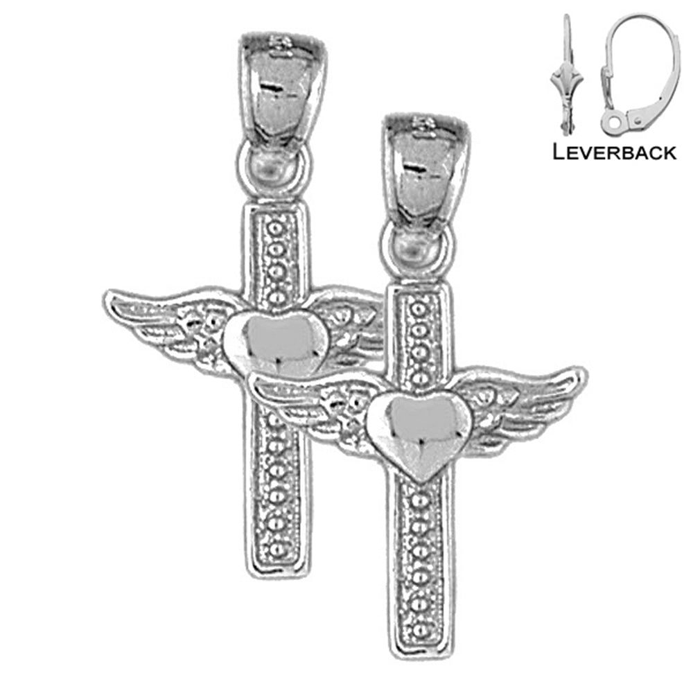 Sterling Silver 29mm Heart & Wings Cross Earrings (White or Yellow Gold Plated)