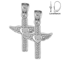 Sterling Silver 29mm Heart & Wings Cross Earrings (White or Yellow Gold Plated)