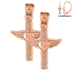 14K or 18K Gold Heart & Wings Cross Earrings