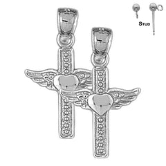 Sterling Silver 29mm Heart & Wings Cross Earrings (White or Yellow Gold Plated)