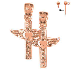 14K or 18K Gold Heart & Wings Cross Earrings