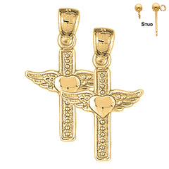 Sterling Silver 29mm Heart & Wings Cross Earrings (White or Yellow Gold Plated)