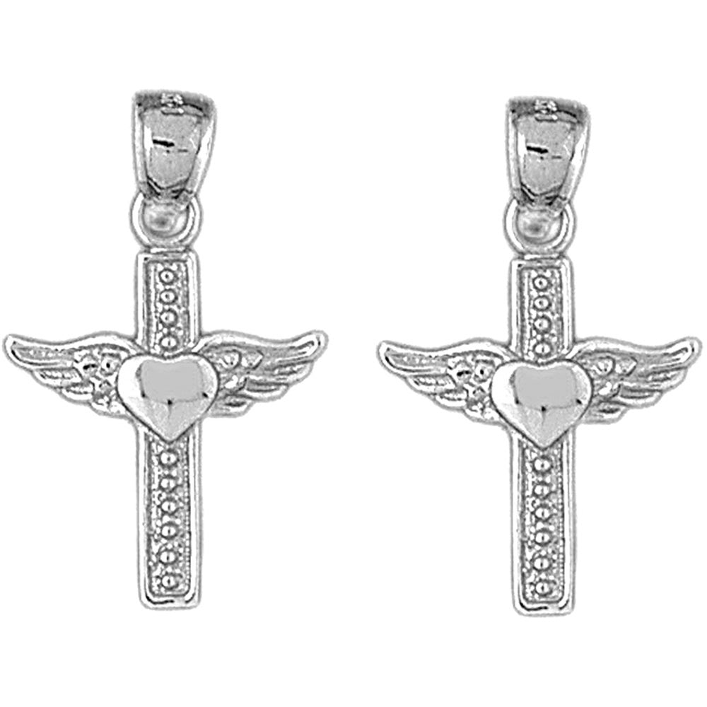Sterling Silver 29mm Heart & Wings Cross Earrings