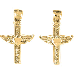 Yellow Gold-plated Silver 29mm Heart & Wings Cross Earrings