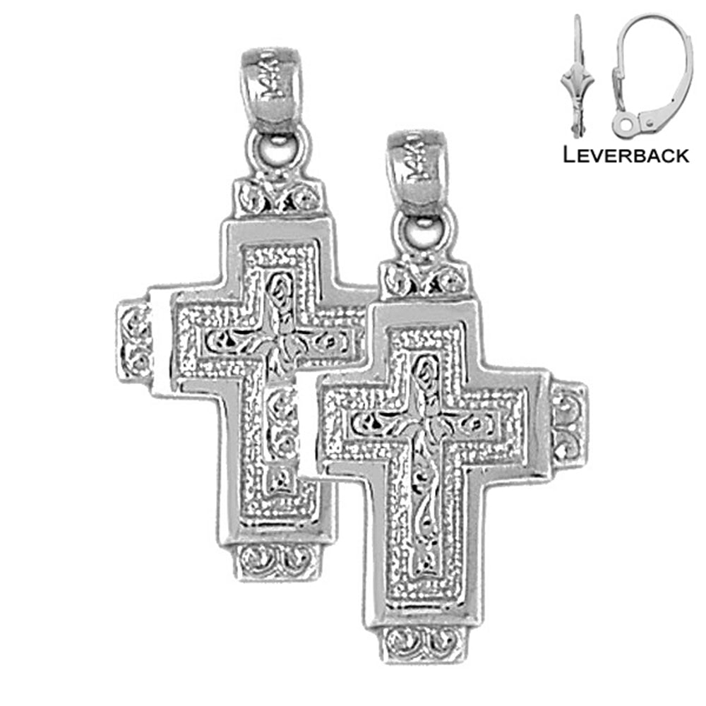 Sterling Silver 29mm Latin Cross Earrings (White or Yellow Gold Plated)