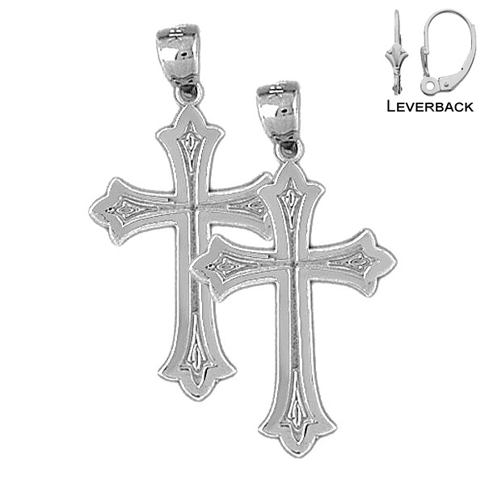 Sterling Silver 32mm Budded Cross Earrings (White or Yellow Gold Plated)