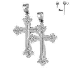 Sterling Silver 32mm Budded Cross Earrings (White or Yellow Gold Plated)