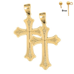 Sterling Silver 32mm Budded Cross Earrings (White or Yellow Gold Plated)