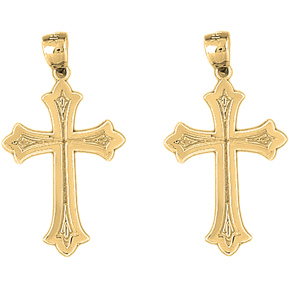 Yellow Gold-plated Silver 32mm Budded Cross Earrings