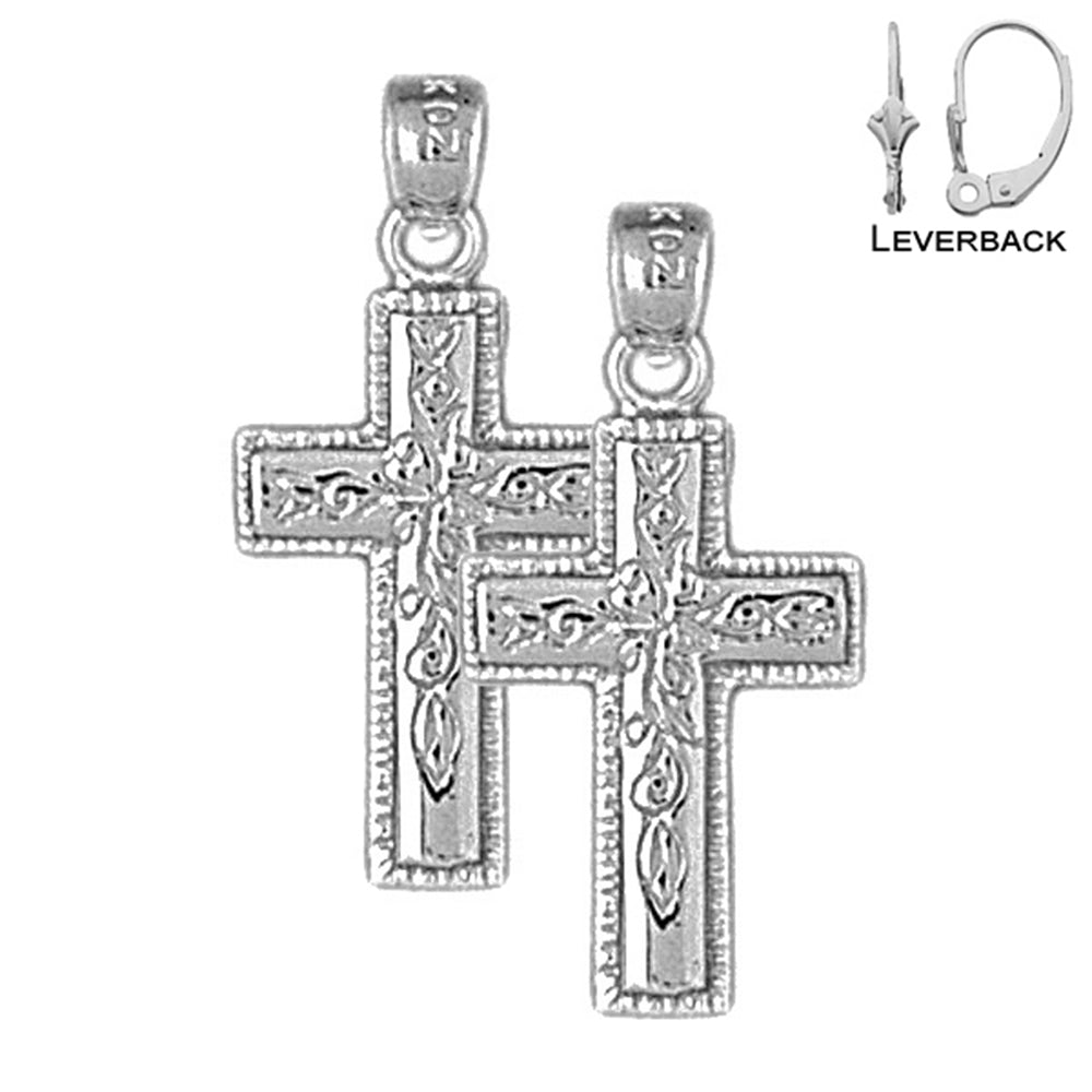 Sterling Silver 27mm Vine Cross Earrings (White or Yellow Gold Plated)