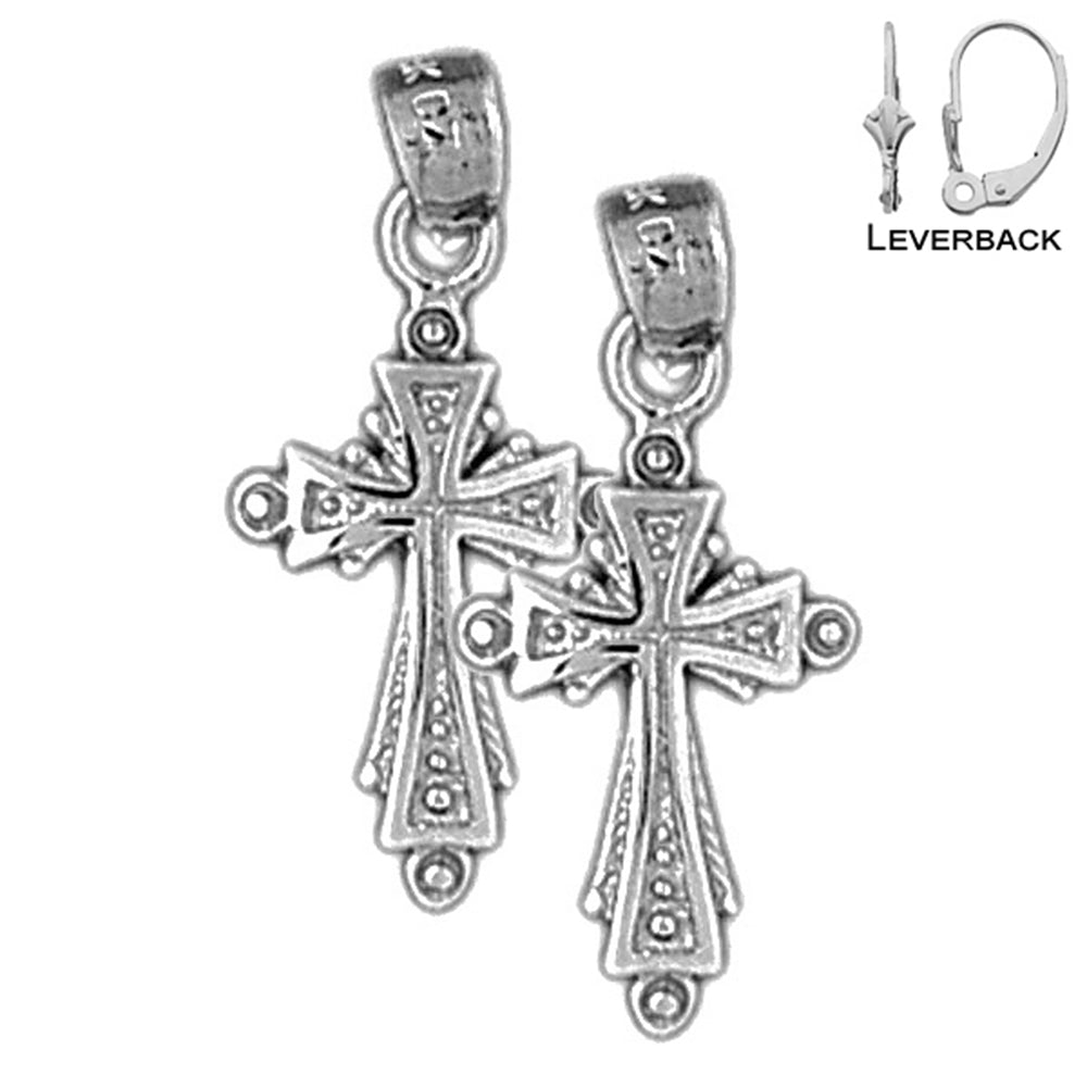 Sterling Silver 24mm Budded Cross Earrings (White or Yellow Gold Plated)